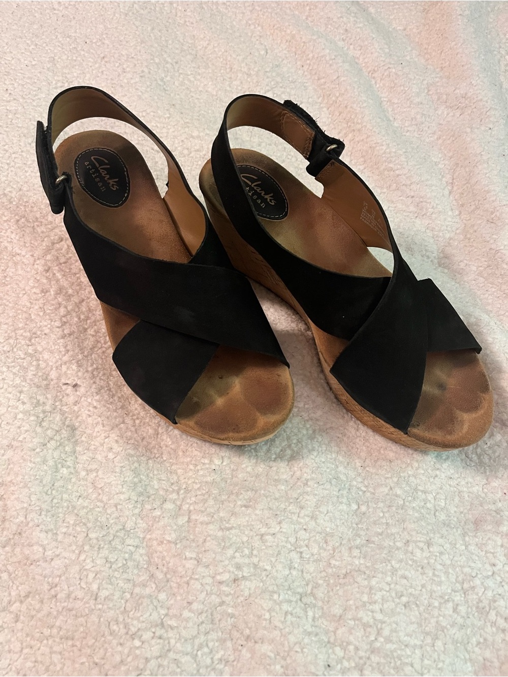 Clarks Black Suede Crisscross Slingback Wedge Sandals